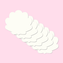 Load image into Gallery viewer, The Refills Seashell Mermaid: Three Pair Double Stick Shapes by Pastease®. Pack of refills Shell shaped nipple covers laid out on a pastel pink background. Perfect for a festival, pride, burlesque performance, only fans content or a party.
