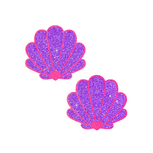 Load image into Gallery viewer, The Mermaid Shell Pasties in Neon Pink &amp; Purple Glitter Seashell Nipple Covers by Pastease®. Two neon pink and purple glitter sea shells on a white background. Perfect for a festival, pride, burlesque performance, only fans content or a party.
