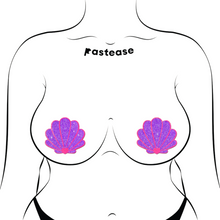 Load image into Gallery viewer, The Mermaid Shell Pasties in Neon Pink &amp; Purple Glitter Seashell Nipple Covers by Pastease®. Two neon pink and purple glitter sea shells shown on a femme body outline for size reference on a white background. Perfect for a festival, pride, burlesque performance, only fans content or a party.
