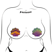 Load image into Gallery viewer, The Mermaid Shells Pasties in Opalescent Purple &amp; Gold Seashell Nipple Covers by Pastease®. Two purple glitter with green to pink iridescent film sea shells shown on a femme body outline for size reference on a white background. Perfect for a festival, pride, burlesque performance, only fans content or a party.
