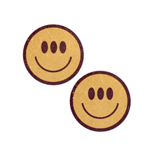 Load image into Gallery viewer, The Trippy Smiley Face Pasties Three Eyed Yellow Breast Covers by Pastease®. Two smiley faces with three eyes nipple covers shown on a white background. Perfect for a festival, burlesque performance, pride or parties.
