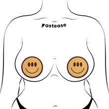 Load image into Gallery viewer, The Trippy Smiley Face Pasties Three Eyed Yellow Breast Covers by Pastease®. Two smiley faces with three eyes nipple covers shown on a femme body outline for size reference on a white background. Perfect for a festival, burlesque performance, pride or parties.
