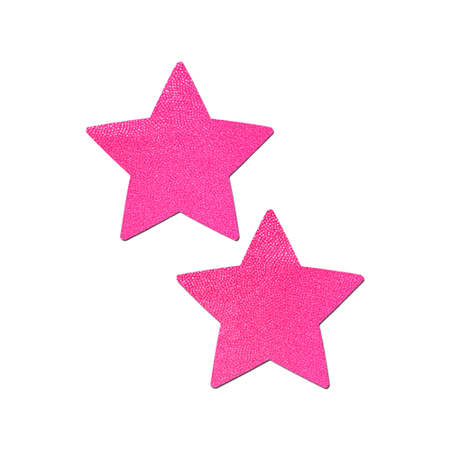 Star: Neon Pink Star Nipple Pasties by Pastease®. Two shiny neon pink star shaped nipple covers, shown on a white background. Perfect for festivals, pride, burlesque, raves, only fans content or parties.