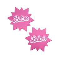 Babe Doll Pink Sunburst Pasties by Pastease®. Two barbie pink coloured sunburst star nipple covers with babe written in the centre shown on a white background. Perfect for festivals, pride, burlesque, raves, only fans content or parties.