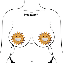 Load image into Gallery viewer, The Happy Sun Pasties Sparkling Smiling Sunshine Nipple Covers by Pastease®. Two smiling glitter velvet cartoon sunshine nipple covers shown on a femme body outline for size reference on a white background. Perfect for a festival, burlesque performance, pride or parties.
