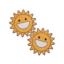 Load image into Gallery viewer, The Happy Sun Pasties Sparkling Smiling Sunshine Nipple Covers by Pastease®. Two smiling glitter velvet cartoon sunshine nipple covers shown on a white background. Perfect for a festival, burlesque performance, pride or parties.
