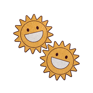 The Happy Sun Pasties Sparkling Smiling Sunshine Nipple Covers by Pastease®. Two smiling glitter velvet cartoon sunshine nipple covers shown on a white background. Perfect for a festival, burlesque performance, pride or parties.