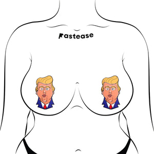 The Donald J Trump Pasties DJT Nipple Covers by Pastease shown on a femme body outline for size reference on a white background. Two nipple covers of donald j trump busts in a cartoon style with his orange tan, yellow blonde hair and blue suit with red tie, he is puckering his lips for a kiss. Perfect for a festival, burlesque performance, drag shows, pride or parties.