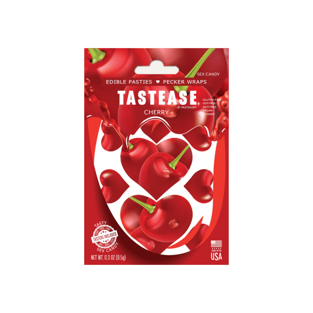 Tastease: Cherry Edible Pasties & Pecker Wraps Candy by Pastease®. Pack of edible cherry flavoured nipple covers on a white background. Perfect for festivals, pride, burlesque, raves, only fans content or parties.