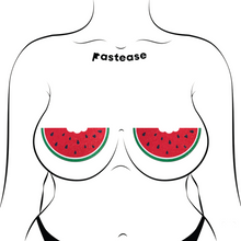 Load image into Gallery viewer, The Watermelon Slice with a Bite Breast Pasties by Pastease®. Two glittery velvet watermelon slices with some black heart shaped seeds with a bite mark out of it nipple covers shown on a femme body outline on a white background. Perfect for a festival, burlesque performance, drag shows, pride or parties.
