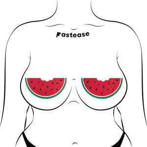 The Watermelon Slice with a Bite Breast Pasties by Pastease®. Two glittery velvet watermelon slices with some black heart shaped seeds with a bite mark out of it nipple covers shown on a femme body outline on a white background. Perfect for a festival, burlesque performance, drag shows, pride or parties.