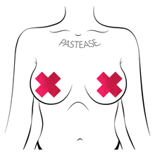Load image into Gallery viewer, Plus X: Red Plaid Punk Cross Nipple Pasties by Pastease®. Two cross shaped red plaid nipple covers shown on a femme body outline for size reference on a white background.
