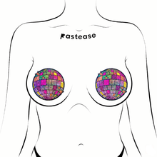 Load image into Gallery viewer, a pair of disco ball nipple covers shown on a drawing of feminine chest outline. a pair of disco ball nipple covers on a white background. The disco balls are holographic with pinks, purples, yellow, orange and green hues and sparkles.
