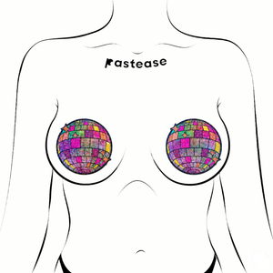a pair of disco ball nipple covers shown on a drawing of feminine chest outline. a pair of disco ball nipple covers on a white background. The disco balls are holographic with pinks, purples, yellow, orange and green hues and sparkles.