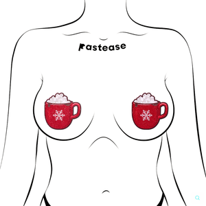 Hot Cocoa Pasties Hot Chocolate Nipple Covers by Pastease®. Two red glittery mug shaped nipple covers with white snowflake on the front of the mug and marshmallows on top. Shown on outline of feminine chest.