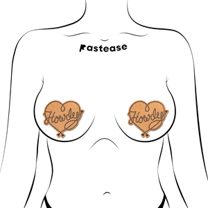 Howdy' Cowboy Rope Heart Lasso Pasties Nipple Covers by Pastease®. Two gold glittery lasso heart shaped nipple covers with 'Howdy' written in lasso shown on outline of feminine chest