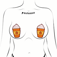 Load image into Gallery viewer, Pumpkin Spice Latte Breast Pasties Nipple Covers by Pastease®. Two glittery pumpkin spiced latte with whipped cream nipple covers shown on a femme body outline for size reference on a white background.
