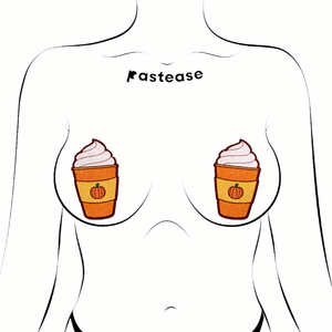 Pumpkin Spice Latte Breast Pasties Nipple Covers by Pastease®. Two glittery pumpkin spiced latte with whipped cream nipple covers shown on a femme body outline for size reference on a white background.