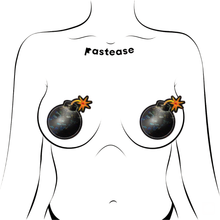 Load image into Gallery viewer, Bomb Nipple Pasties with Lit Fuse by Pastease®. Two glittery nipple covers in the shape of a bomb with a lit fuse, shown on a drawing of chest. Perfect for a festival, burlesque performance, pride or parties.
