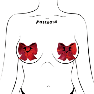 Bow: Holographic Red Bows Nipple Pasties by Pastease®. Two red glittery bow shaped nipple covers, shown on a drawing of chest. Perfect for a festival, Christmas, burlesque performance, pride or parties.