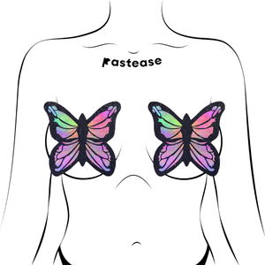 Coverage: Butterfly Rainbow Twinkle Velvet Full Breast Covers Support Tape by Pastease. Two glittery butterfly shaped nipple covers, shown on a femme body outline for size reference on a white background. Perfect for festivals, pride, burlesque, raves, only fans content or parties.