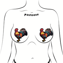 Load image into Gallery viewer, Cock: Colourful Rooster Chicken Nipple Pasties by Pastease®. Two cockerel shaped nipple covers shown on a femme body outline for size reference on a white background.

