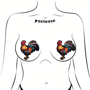 Cock: Colourful Rooster Chicken Nipple Pasties by Pastease®. Two cockerel shaped nipple covers shown on a femme body outline for size reference on a white background.