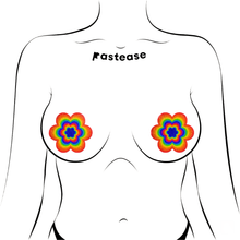 Load image into Gallery viewer, Size guide for the Daisy: Velvet Rainbow Pumping Daisy Nipple Pasties by Pastease® on drawing of femme chest.
