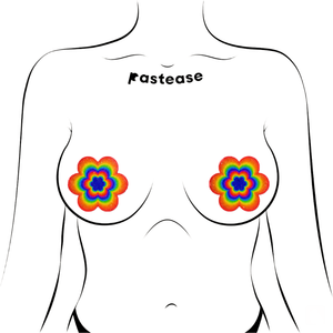 Size guide for the Daisy: Velvet Rainbow Pumping Daisy Nipple Pasties by Pastease® on drawing of femme chest.