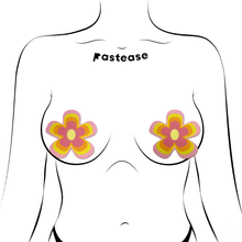 Load image into Gallery viewer, Pink Groovy Flower Pasties by Pastease. Two nipple covers with various shades of pink, yellow and orange outlining the yellow centre in a y2k style flower shape shown on a femme body outline on a white background.
