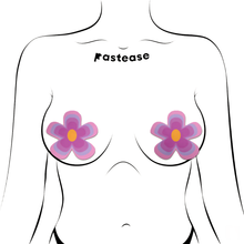 Load image into Gallery viewer, Purple Groovy Flower Pasties by Pastease. Two nipple covers with various shades of pink and purple outlining the yellow centre in a y2k style flower shape shown on a femme body outline on a white background.
