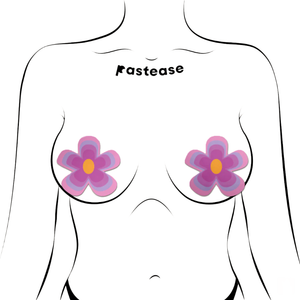 Purple Groovy Flower Pasties by Pastease. Two nipple covers with various shades of pink and purple outlining the yellow centre in a y2k style flower shape shown on a femme body outline on a white background.