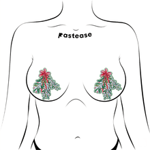 Load image into Gallery viewer, Christmas Winter Mistletoe with Red Bow Kissing Nipple Pasties by Pastease®. Two glittery mistletoe nipple covers, shown on drawing of chest. Perfect for a festival, burlesque performance, Christmas, pride or parties.
