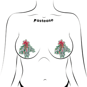 Christmas Winter Mistletoe with Red Bow Kissing Nipple Pasties by Pastease®. Two glittery mistletoe nipple covers, shown on drawing of chest. Perfect for a festival, burlesque performance, Christmas, pride or parties.