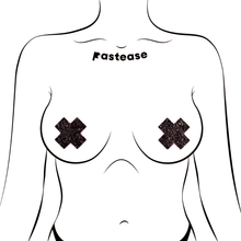 Load image into Gallery viewer, Petite Plus X: Two Pair of Small White Matte Plus Nipple Pasties by Pastease®. Cross nipple covers shown on drawing of chest. Perfect for a festival, pride, burlesque performance, only fans content, or a party.

