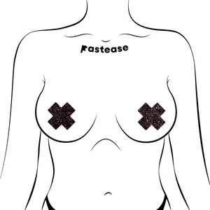 Petite Plus X: Two Pair of Small White Matte Plus Nipple Pasties by Pastease®. Cross nipple covers shown on drawing of chest. Perfect for a festival, pride, burlesque performance, only fans content, or a party.