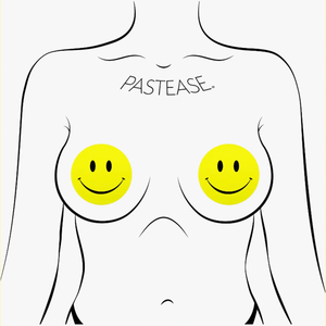 Smiley Faces: Bright Yellow Nipple Pasties by Pastease®. Two yellow smiley face nipple covers, shown on drawing of chest. Perfect for a festival, burlesque performance, pride or parties.