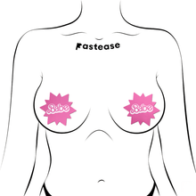 Load image into Gallery viewer, Babe Doll Pink Sunburst Pasties by Pastease®. Two barbie pink coloured sunburst star nipple covers with babe written in the centre shown on a femme body outline for size reference on a white background.
