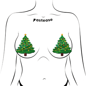 Christmas Tree Nipple Pasties by Pastease®. Two green glittery Christmas tree shaped nipple covers, shown on drawing of chest. Perfect for a festival, burlesque performance, pride, Christmas or parties