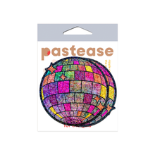 Load image into Gallery viewer, a pair of disco ball nipple covers on a white background. The disco balls are holographic with pinks, purples, yellow, orange and green hues and sparkles.
