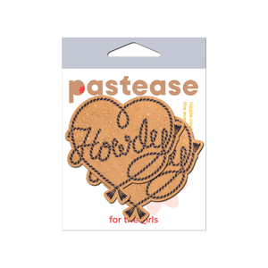Howdy' Cowboy Rope Heart Lasso Pasties Nipple Covers by Pastease®. Two gold glittery lasso heart shaped nipple covers with 'Howdy' written in lasso in their packet, shown on a white background