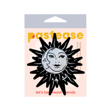 Load image into Gallery viewer, Sunburst: Sun &amp; Moon Faces on Silver Glitter Sun Nipple Pasties by Pastease®. Two glittery silver and black nipple covers in the shape of a sun and moon, shown on a white background. Perfect for a festival, burlesque performance, pride or parties.
