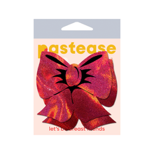 Load image into Gallery viewer, Bow: Holographic Red Bows Nipple Pasties by Pastease®. Two red glittery bow shaped nipple covers, shown on a white background. Perfect for a festival, Christmas, burlesque performance, pride or parties.
