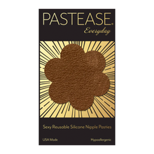 Load image into Gallery viewer, Everyday Reusable: Suede Cocoa Dark Brown Flower with Mini Hearts Reusable Nipple Pasties by Pastease® Everyday o/s. Two dark brown flower shaped nipple covers in packet, shown on white background.

