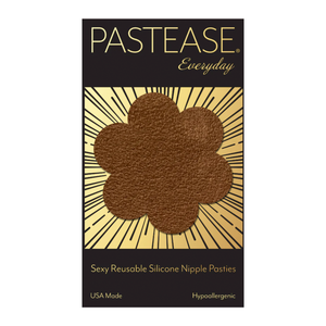 Everyday Reusable: Suede Cocoa Dark Brown Flower with Mini Hearts Reusable Nipple Pasties by Pastease® Everyday o/s. Two dark brown flower shaped nipple covers in packet, shown on white background.