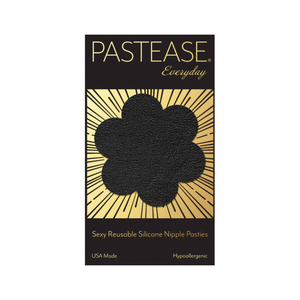 Everyday Reusable: Onyx Flat Black Suede Flower with Mini Hearts Reusable Nipple Pasties by Pastease® Everyday o/s. Two black flower shaped nipple covers in packet, shown on a white background. Perfect for a festival, burlesque performance, pride, parties or everyday!