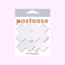 Load image into Gallery viewer, Petite Plus X: Two Pair of Small White Matte Plus Nipple Pasties by Pastease®. White cross nipple covers shown on a pastel pink background. Perfect for a festival, pride, burlesque performance, only fans content, or a party.
