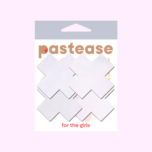 Petite Plus X: Two Pair of Small White Matte Plus Nipple Pasties by Pastease®. White cross nipple covers shown on a pastel pink background. Perfect for a festival, pride, burlesque performance, only fans content, or a party.