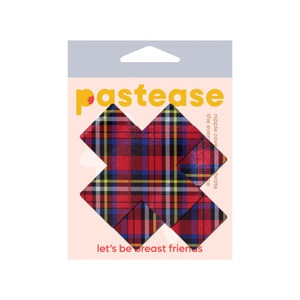 Plus X: Red Plaid Punk Cross Nipple Pasties by Pastease®. Two cross shaped red plaid nipple covers in packet, shown on white background. Perfect for festivals, pride, burlesque, raves, only fans content or parties.