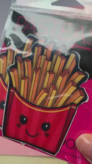 Video of the Fry: Happy Kawaii French Fries Nipple Pasties by Pastease in the Pastease pink and black packaging.
